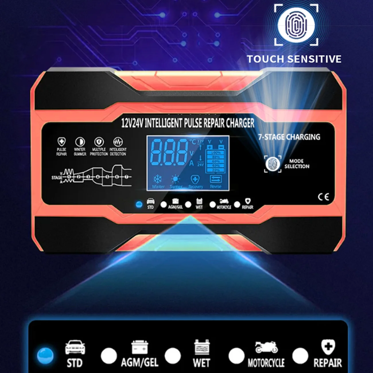 Carregador de bateria de carro completo para motocicleta 12v 24v, reparo de pulso, display lcd, carga rápida inteligente, agm, ciclo profundo, gel, carregador de chumbo-ácido