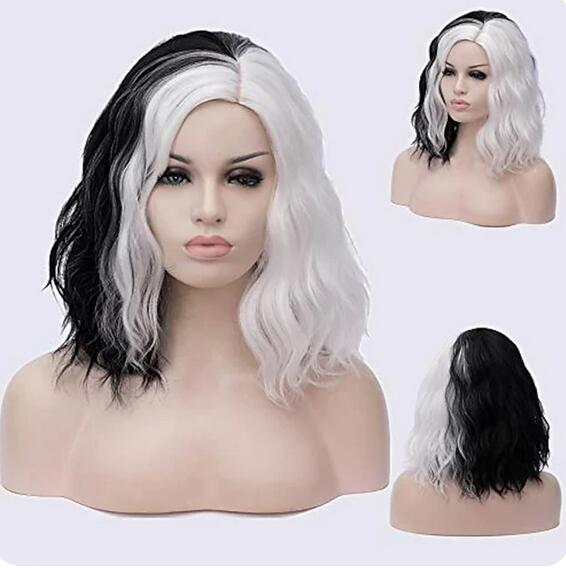 Pelucas de pelo sintético para mujer, pelo negro y blanco, azul, rosa, morado, verde, multicolor, Cosplay, Halloween