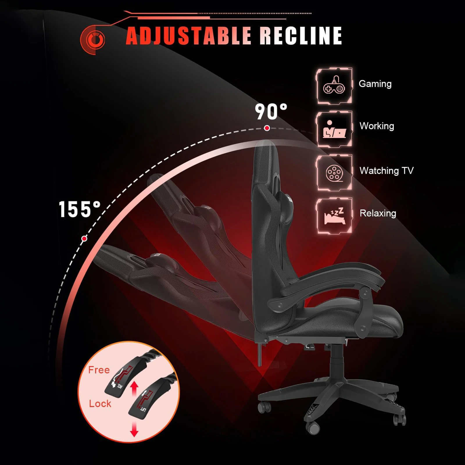 Sedia da gioco RGB Luci a LED Sedia ergonomica per computer Sedia da ufficio reclinabile in pelle PU con schienale alto Supporto lombare regolabile
