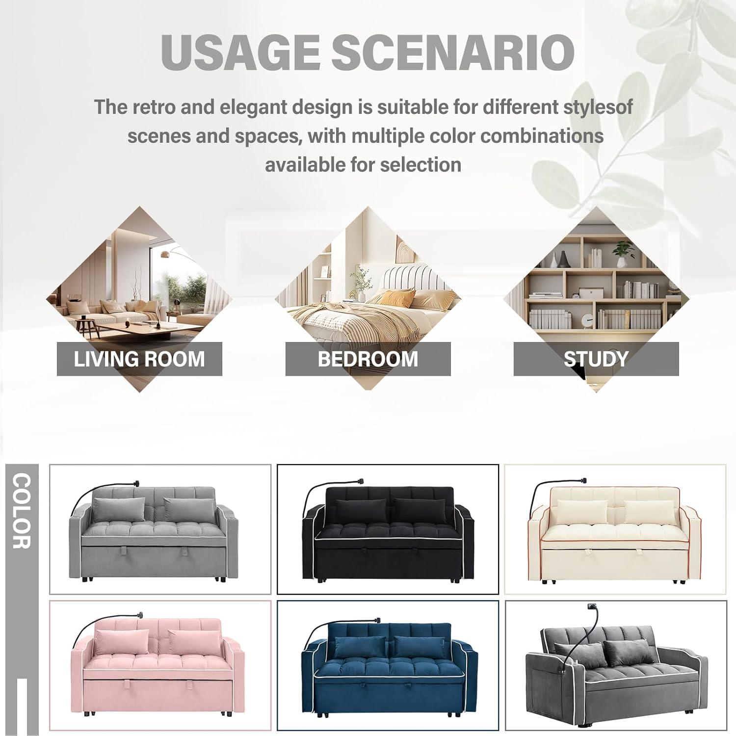 3 in 1 Sleeper Sofa Couch Bed,Velvet Convertible Loveseat Sleeper Sofa Bed,Pull Out Sofa Bed With USB Port Ashtray Swivel Phone