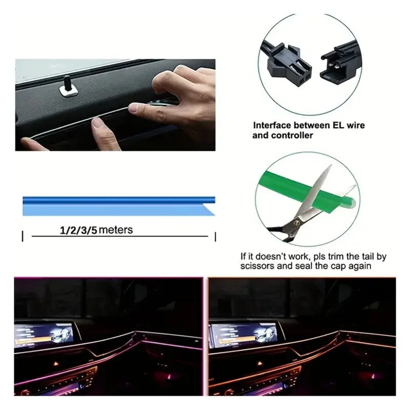 3M-5M Lampada d'atmosfera EL Linea di luce fredda con cruscotto decorativo fai-da-te Console Auto LED Luce ambientale Accessorio per interni auto
