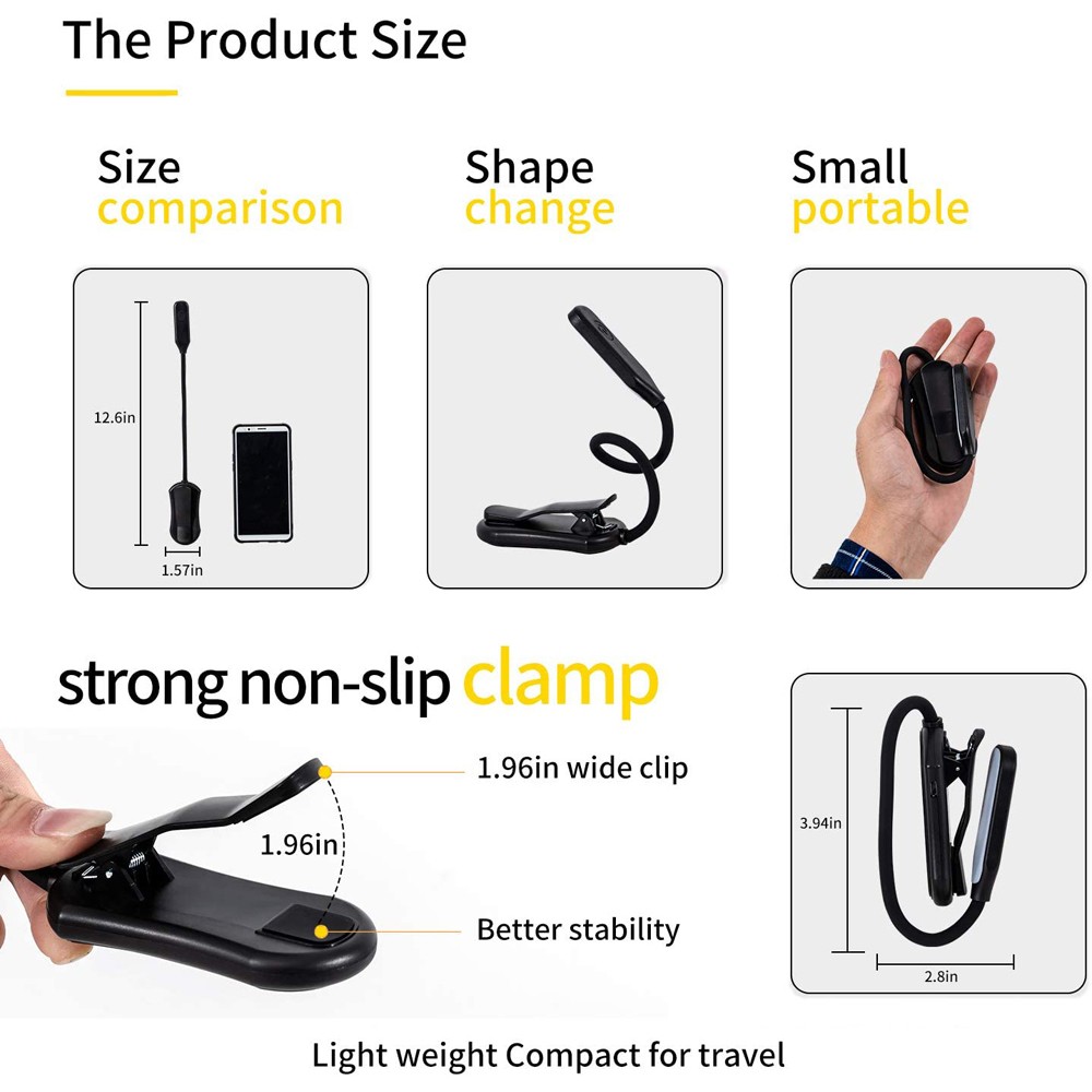 7 LED Book Light USB ชาร์จไฟอ่านหนังสือ 3 ระดับ WARM Cool White Daylight แบบพกพายืดหยุ่น Easy CLIP Night อ่านโคมไฟ