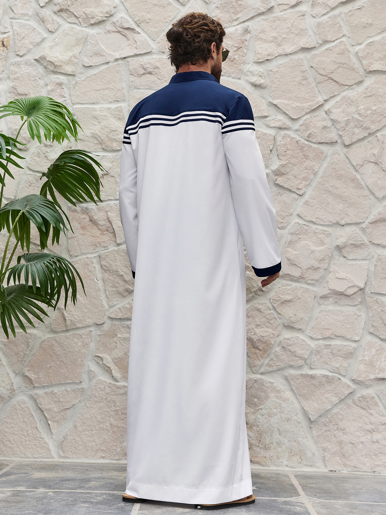 Islam Ramadán Color bloqueado Thobe musulmán tradicional para hombres, vestido largo islámico estilo Ramadán camisa bata, moda de Oriente Medio