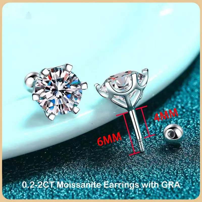 BIJOX STORY – boucles d'oreilles à vis Moissanite pour femmes, couleur D, argent Sterling 925, 6 dents, diamant, bijoux fins de mariage