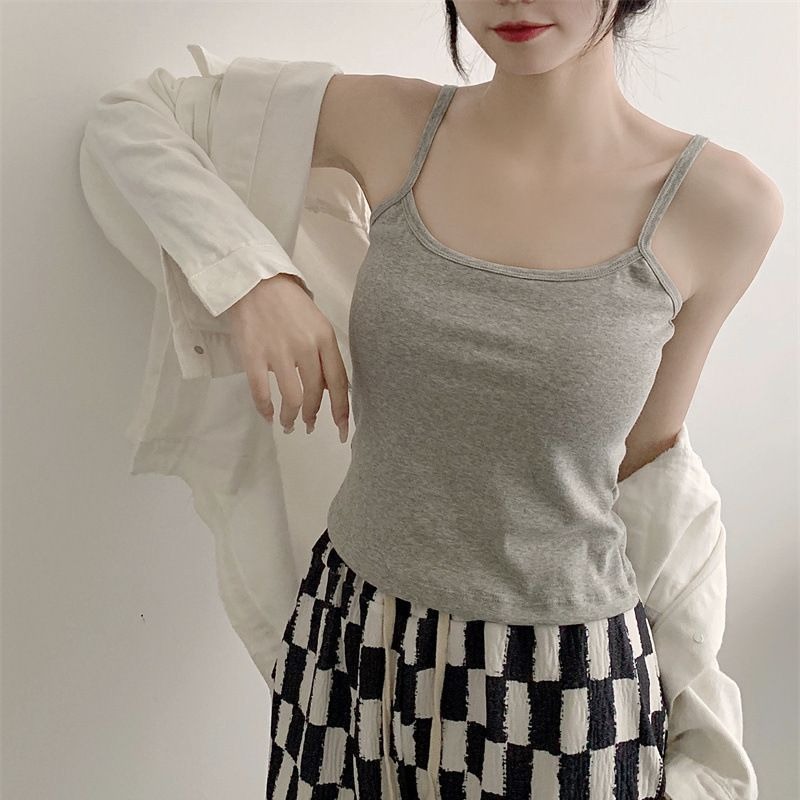 Women's Solid Color Spaghetti Straps Sleeveless Slim Camisole with Chest Pad Cotton Summer Wear Outside Female Short Tops Vests