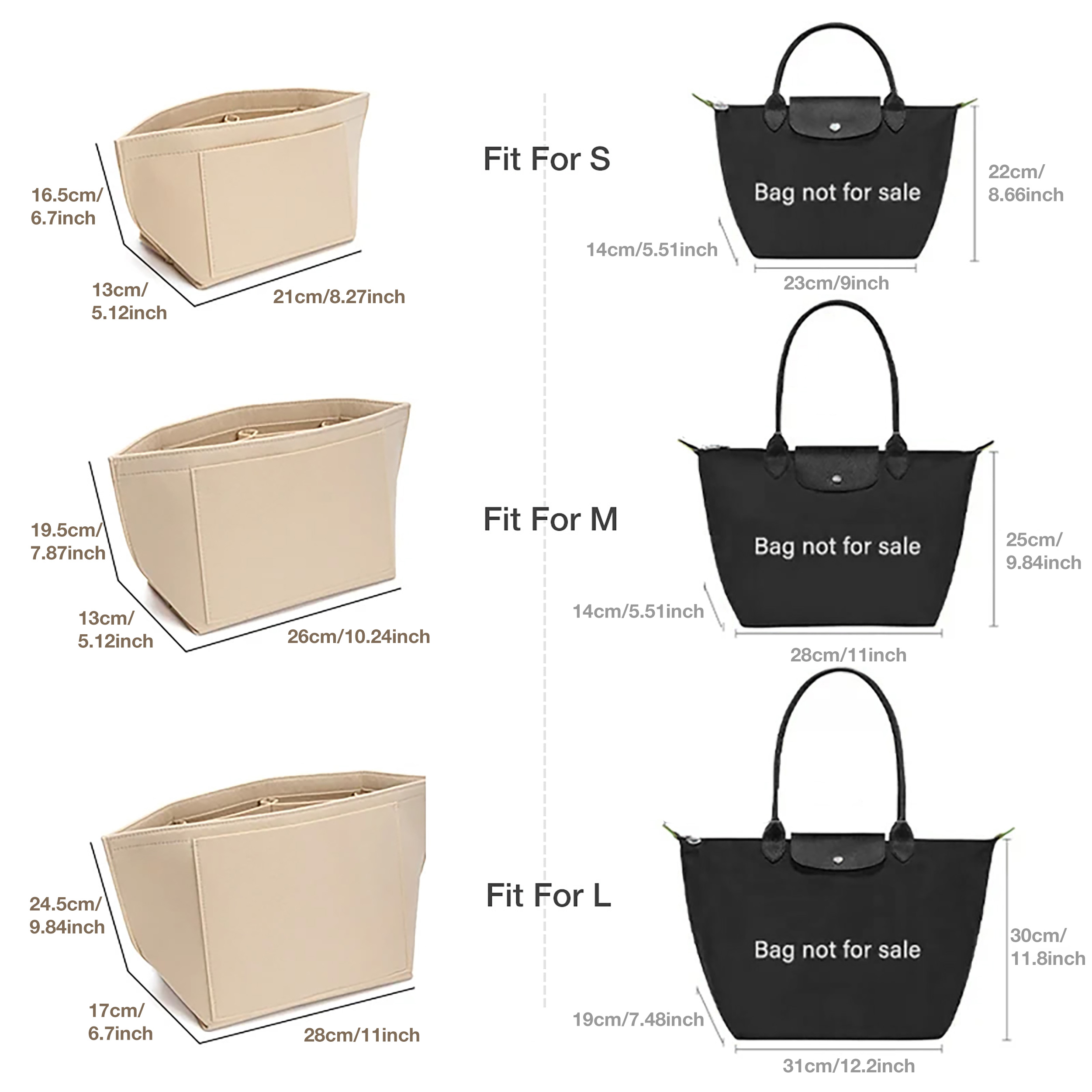 Inserto organizador de bolso, organizador de bolsa de fieltro para organizador de bolso, 5 colores, 3 tamaños