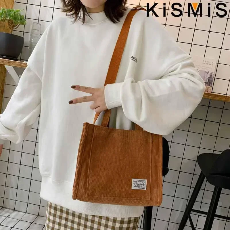 Kismis-女性用ヴィンテージコーデュロイジッパーショルダーバッグ,小さなコットンキャンバスハンドバッグ,カジュアルトートバッグ,クロスボディメッセンジャーバッグ,新品