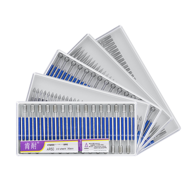 30Pcs 3mm Shank Diamond Grinding Head Polished Needle Jade Stone Carving Engraving Tool Nail File Drill Bit Rotary Tools