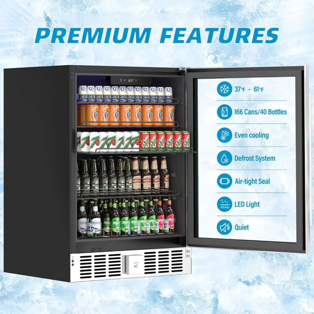 24 inch Beverage Refrigerator Cooler, 5.3 Cubic/166 Can Large Fridge with Glass Front Door for Soda, Beer or Wine