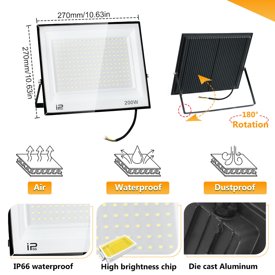 Holofote de luz de inundação led ac220v 110v 10-300w ip66 à prova d'água para parede externa jardim luzes de inundação projetor led