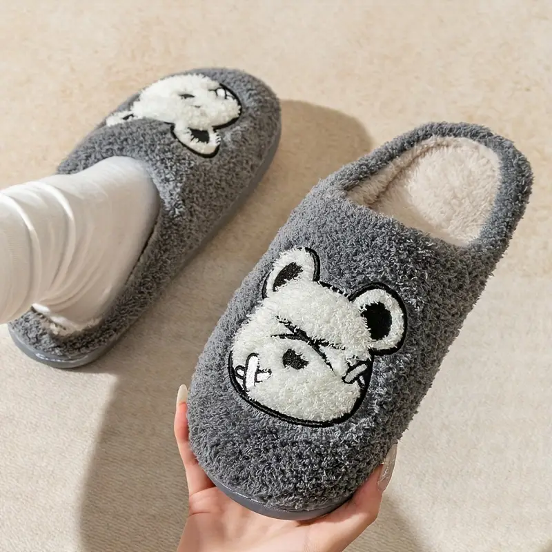 Bonito urso padrão casa chinelos de pelúcia macia aconchegante casa chinelos anti-skid deslizamento-em sapatos interior para homens sapatos de inverno novo