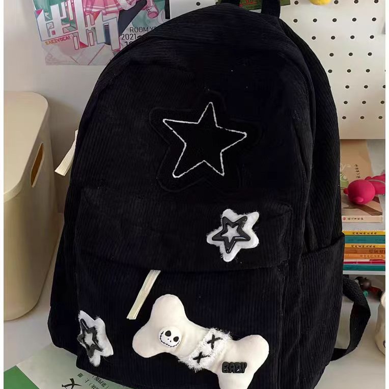 Mochila escolar de gran capacidad para estudiantes adolescentes Y2K, mochila para ordenador portátil con patrón de estrellas para niñas, mochila de pana, bolso de hombro con doble correa