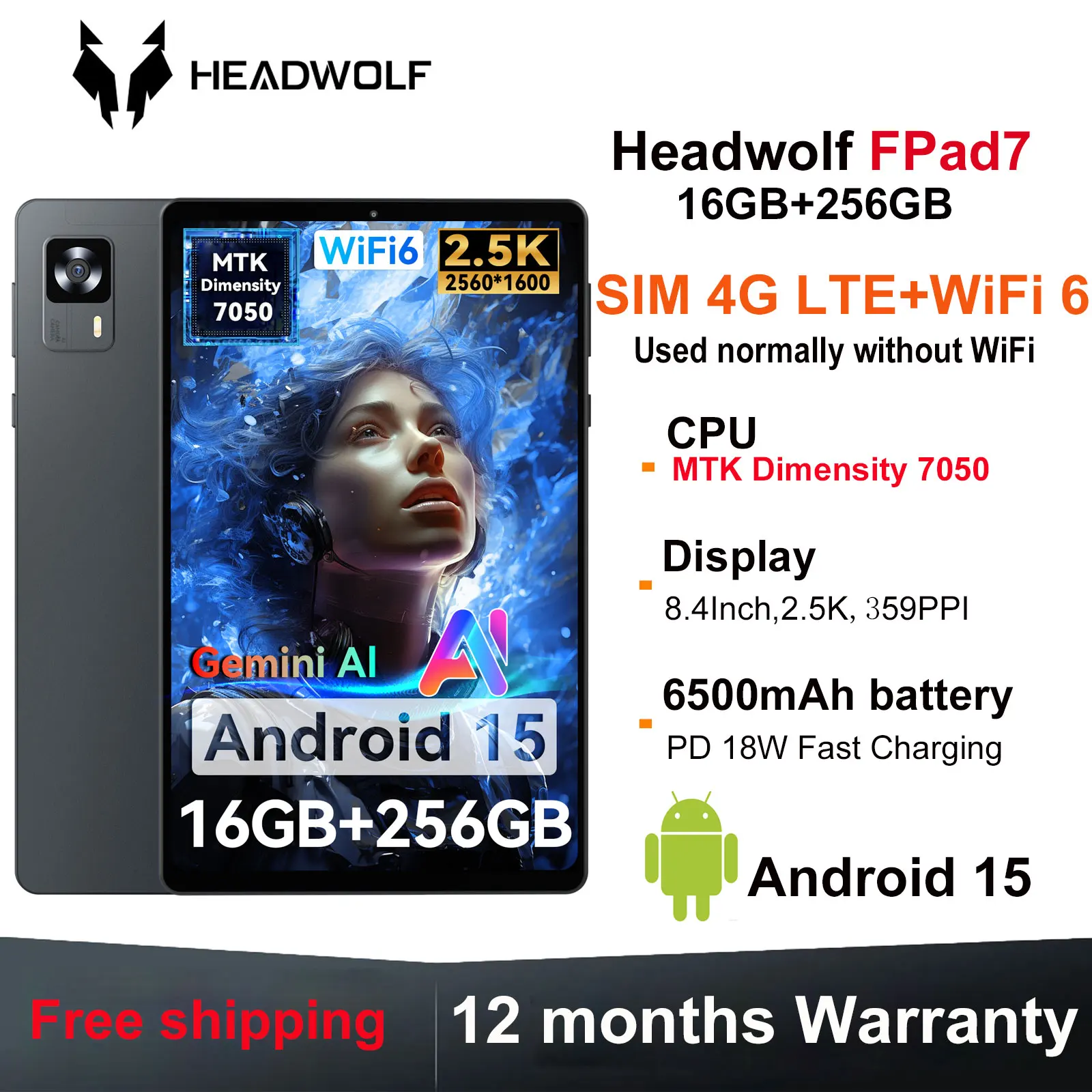 Headwolf FPad7 4G LTE Gaming Tablet 8.4" FHD Display Screen Android 15 MTK Dimensity 7050 CPU 256GB ROM 6500mAH Batery Tablet