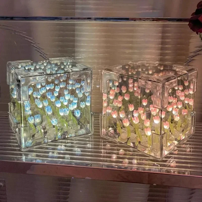 Tulip Nightlight Handmade DIY Material Cube Tulip Mirror Bedroom Decor Atmosphere Lamp Valentine's Day Birthday Gift