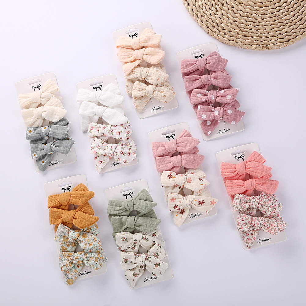 4 ชิ้น/เซ็ตเด็ก Bows คลิปผม Muslin หญิง Hairpins Hairclip สําหรับเด็กผ้าฝ้ายผ้าลินิน Barrette ดอกไม้พิมพ์ด้านข้าง PIN อุปกรณ์เสริม