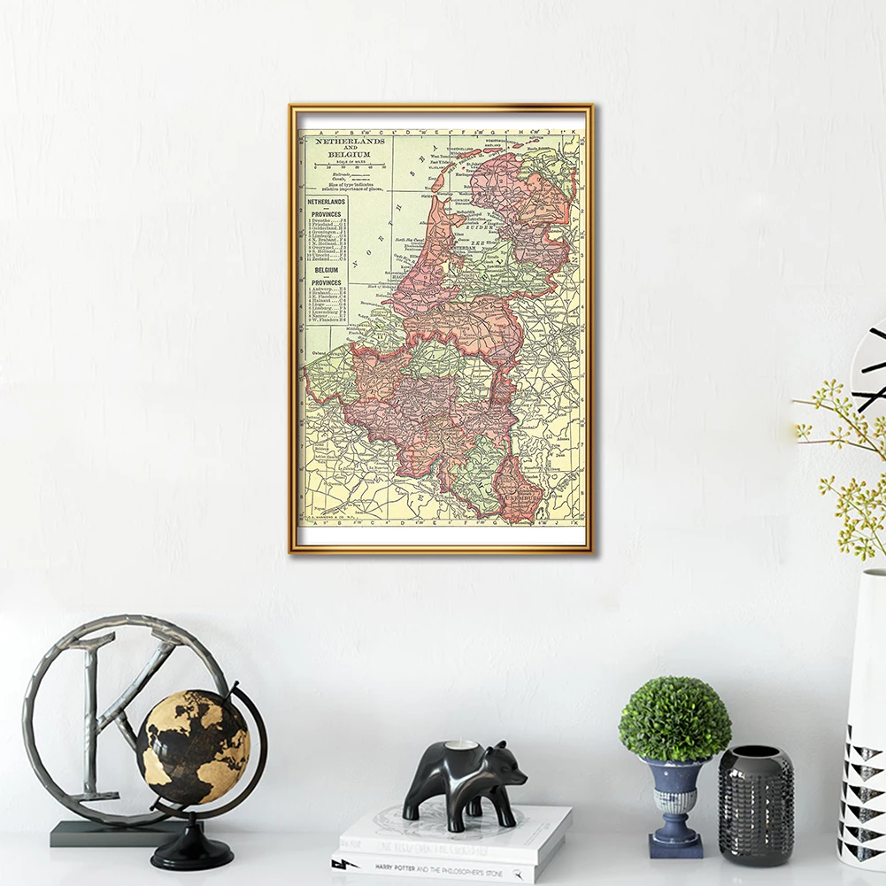 42*59センチメートル1914ベルギーとオランダ地図ヴィンテージ壁アートポスタースプレーキャンバス絵画教育学校用品家の装飾