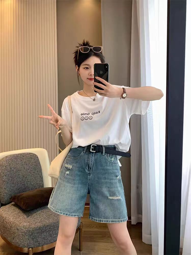 High Waist Denim orts Women's Spring Summer New plus Size Faded Five-Pointed Hole Wide Leg Jeans orts Slimming Effect