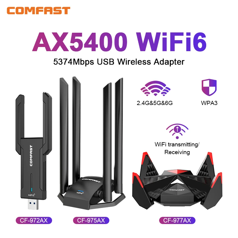 COMFAST USB WiFi 6 адаптер 2,4G и 5G и 6G 5374 Мбит/с USB3.0 беспроводной адаптер AX5400 Dongle WiFi6 антенна карты для ПК ноутбука Win10/11