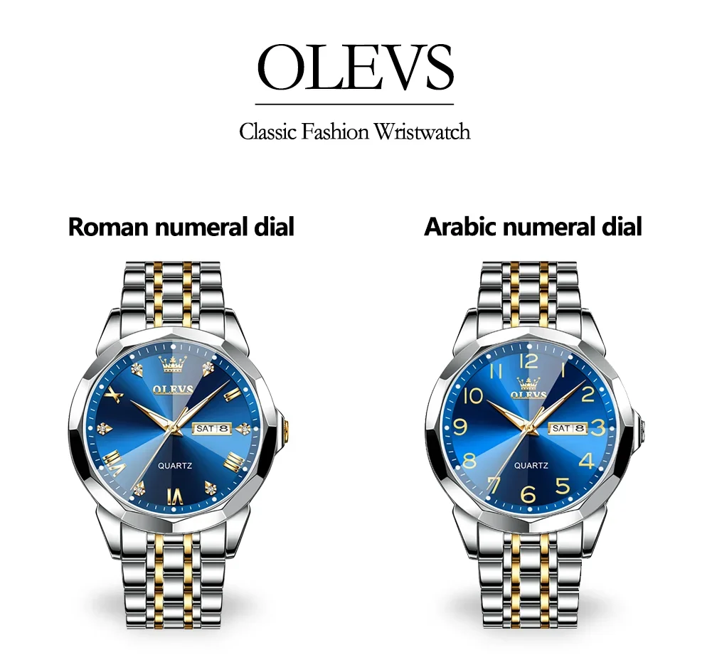 Relojes OLEVS para hombre, reloj de cuarzo Original con espejo rombo para hombre, reloj de pulsera luminoso resistente al agua de acero inoxidable, fecha y semana para hombre