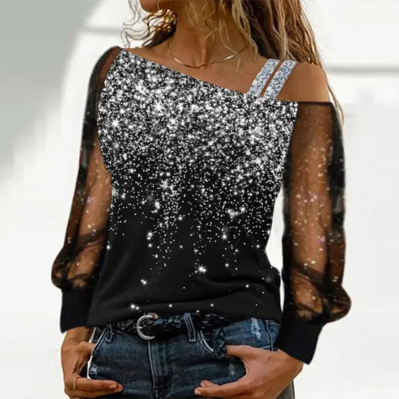 シルバーショルダーストラップ透明袖スパンコールブラウス女性のセクシーな Tシャツクリスマスツリープリント長袖トップ