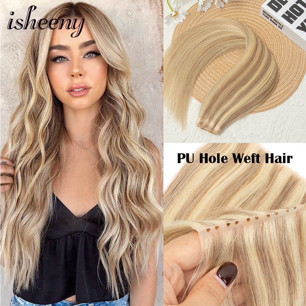 Double Inject XO Hole Weft Human Hair Extensions 12"-24" Invisible Twin Tab Weft Hair Natural Straight Pull Through Micro Hair