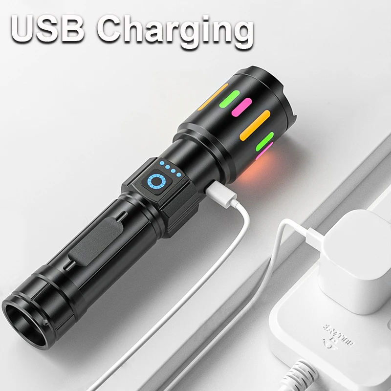 Linternas Led de alta potencia con Zoom de tiro largo, linterna superbrillante, recargable por USB, luz de antorcha muy fuerte para acampar