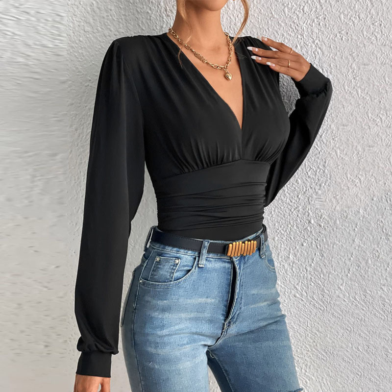 Sexy profundo decote em v manga longa sólido topos e blusas femininas 2024 outono fino elegante streetwear topo femme blusa para mulher