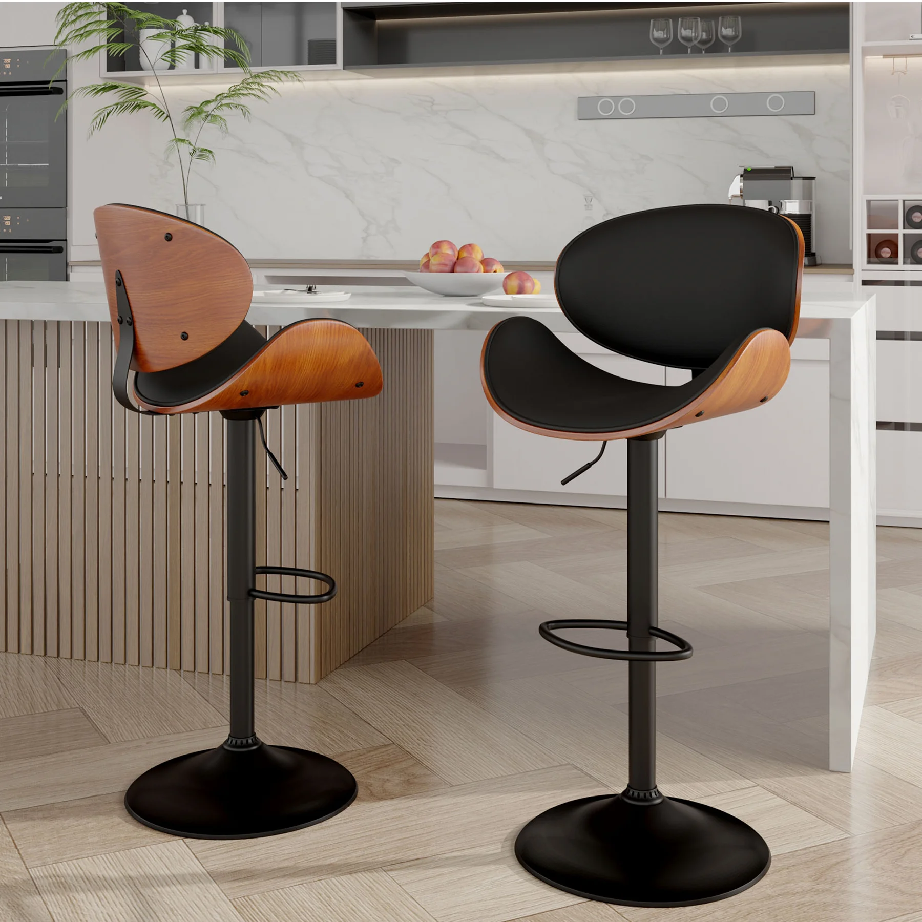 2 Pcs Bar Chair, 360 Degrees Swivel °   Rotatable Bar Stool with Backrest and Footrest, Pu Leather Upholstered, Suitable for Bar, Kitchen, Dining