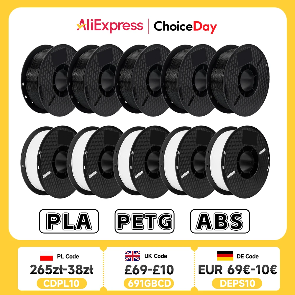 KINGROON 10 kg PLA/ABS/HUISDIERG-filament 1,75 mm zwart wit grijs, groothandel 10 rollen PLA ABS PETG-plastic voor 3D-printer