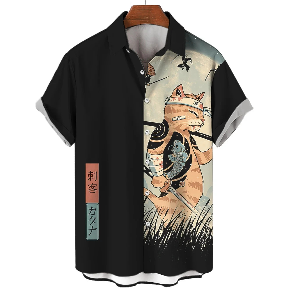 Mode Herrenbekleidung Coole Samurai Katze Tops Sommer Neue Herrenbekleidung Lässige Kurzarm Anime Lose Bluse Hawaiihemden