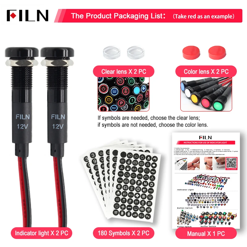 FILN 8mm symbol LED Indicator Light 12V 24V Black Metal Indicator Dash Pilot Light with Wire Car Dashboard  ruck Machinery