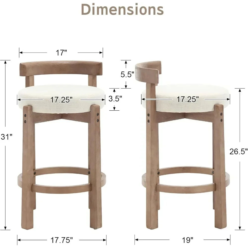 Century Bar Stools Set of 2, 26.5 Inch Linen Counter Height Upholstered Barstools Bar Chairs with Solid Wooden Legs