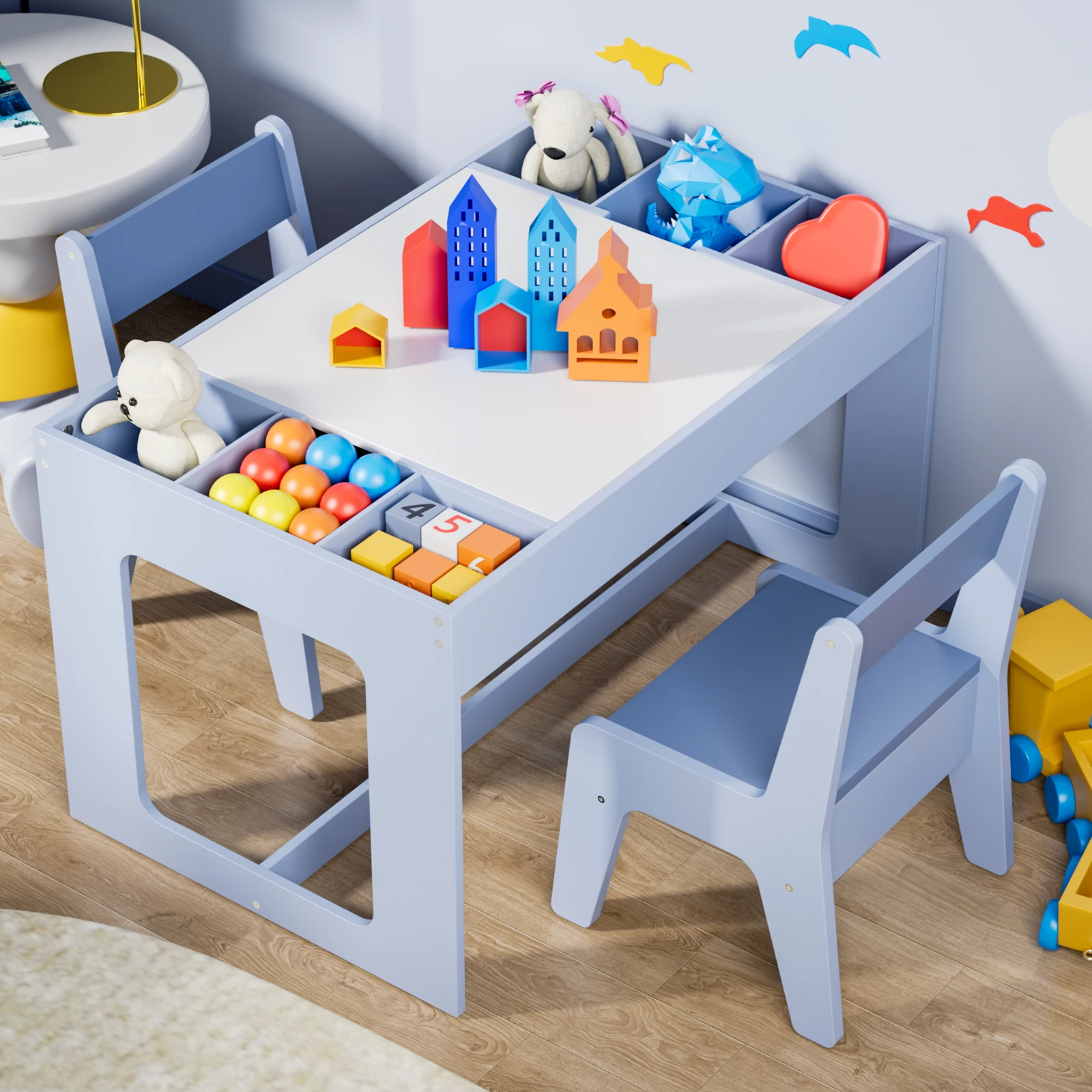 Set tavolo per bambini 3 in 1 in legno e 2 sedie con contenitore, tavolo da attività per bambini per ragazzi e ragazze