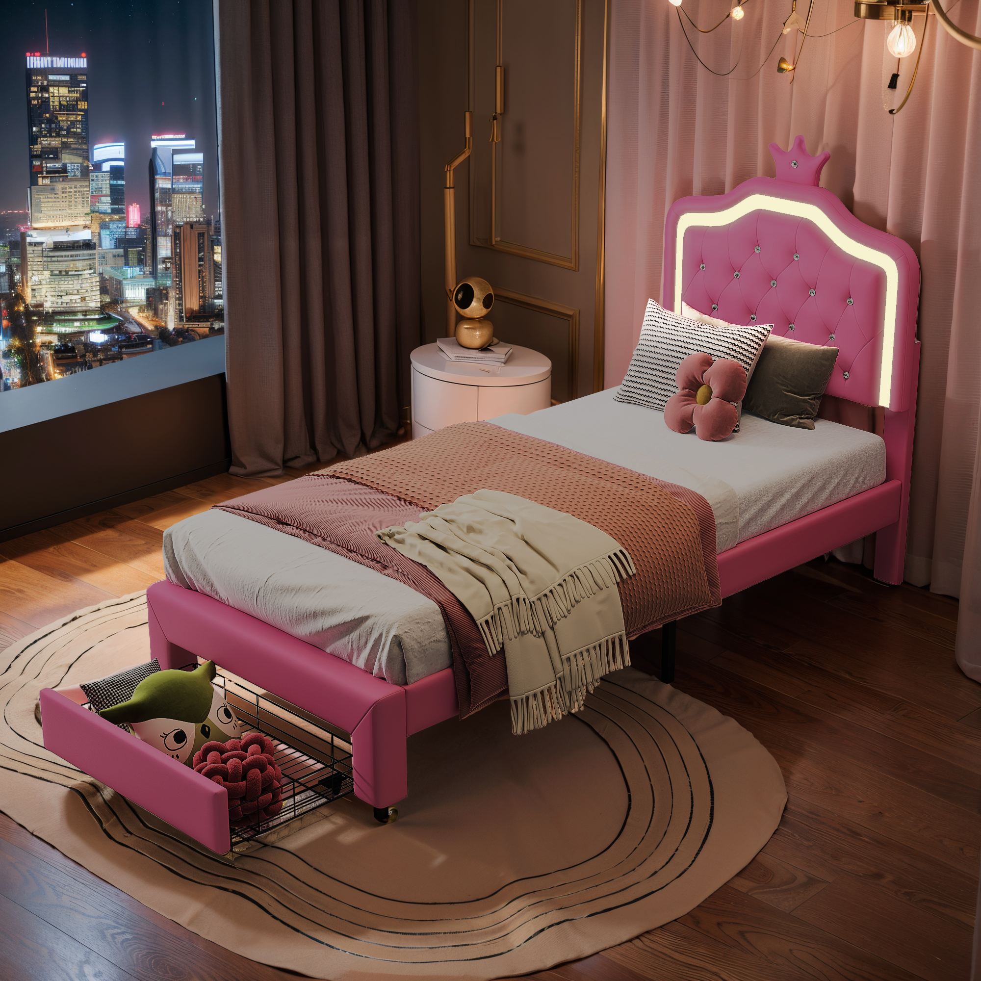 Letto per bambini, letto singolo piatto 90*200cm, letto principessa a forma di corona, rivestimento in morbida pelle PU, striscia luminosa ambientale a LED regolabile
