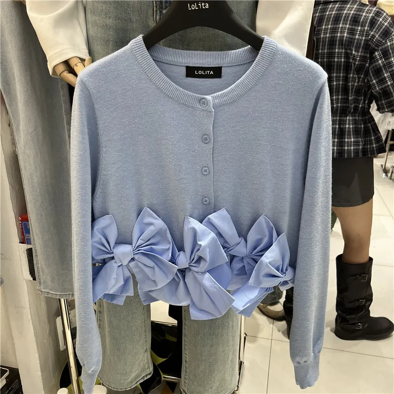 Cardigan Curto Sem Mangas de Estilo Coreano com Decote Redondo e Abertura, Moda Fena com Pesadas Aplicações e Laço de Bor...