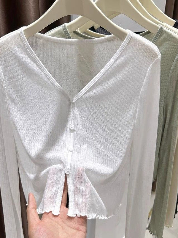 Cardigan F Plus Size de Seda Gelada Fina com Proteção Solar, Manga Curta, Estilo Outwear com Borda Efeito Madeira para...