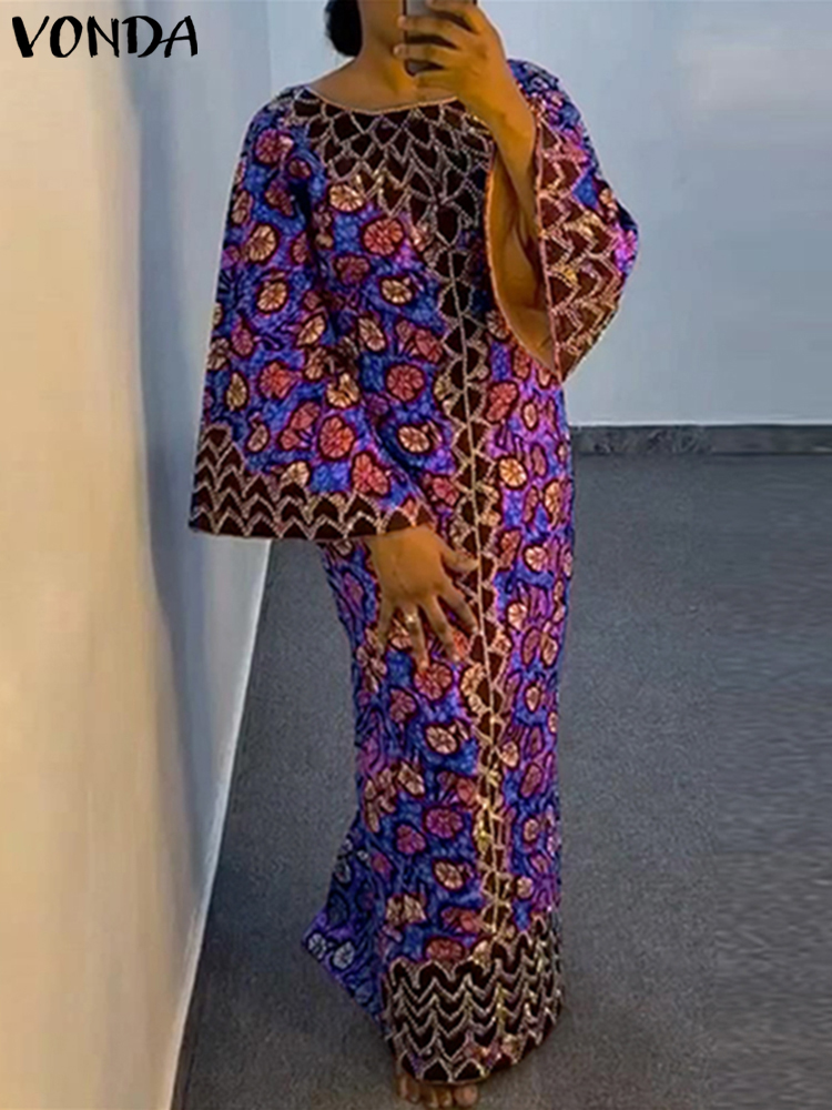 Plus size vonda boêmio vestido 2025 elegante feminino impressão vestido de verão vintage alargamento manga longa maxi vestidos o-pescoço robe femme