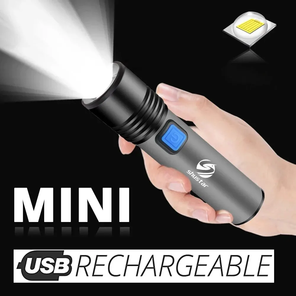 USB wiederauf ladbare LED-Taschenlampe mit LED in 1200mAh Lithium-Batterie wasserdichte Camping Licht zoombare Taschenlampe gebaut