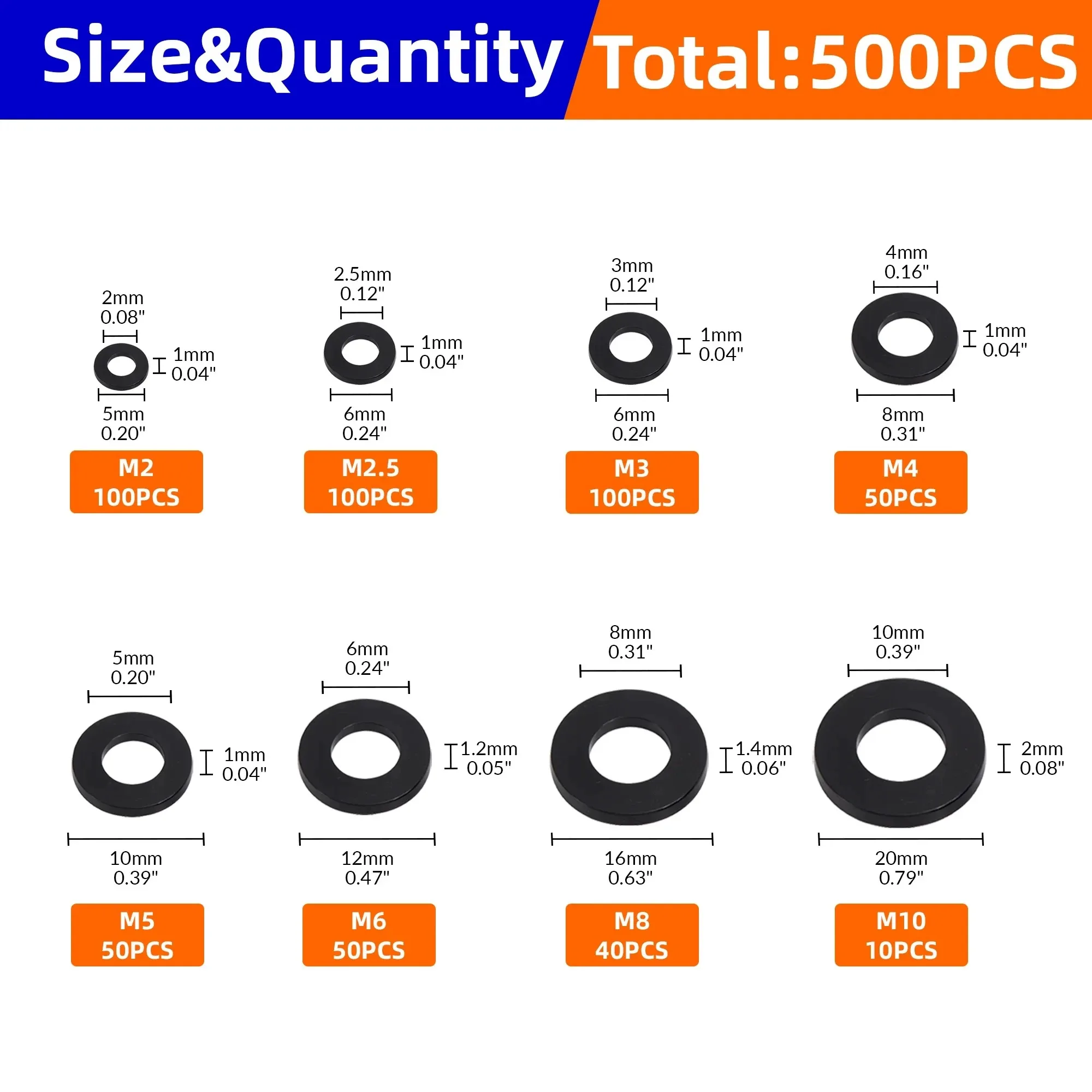 500 pz/1 Set Rondelle In Nylon Assortimento Piatto Set con Piastre di Sicurezza di 8 Dimensioni M2 M2.5 M3 M4 M5 M6 M8 M10 Rondelle di Tenuta In Nylon