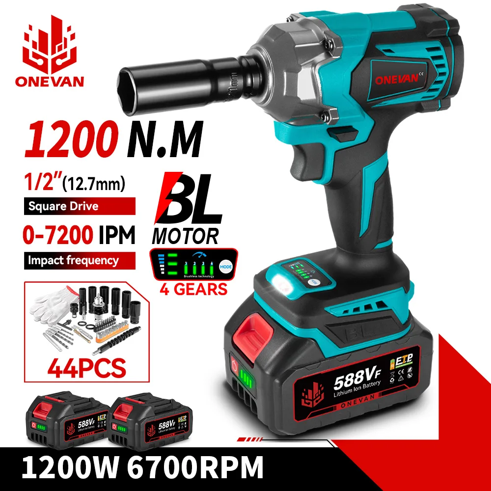 Onevan 1200 n.m chave de impacto elétrica sem escova 1/2 ''sem fio 3 funções chave de fenda elétrica ferramenta de broca para 21v 18v bateria