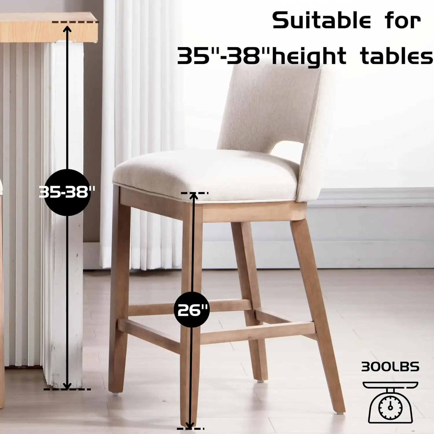 Farmhouse Bar Stools Set of 4, 26" Counter Height Barstools, Linen Upholstered Barstools with Open Back , Beige