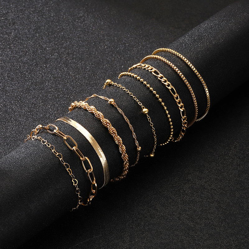 10 Uds. Pulsera de cadena de serpiente plana de Color dorado con declaración Vintage, pulsera de Metal multicapa bohemia, joyería de verano para mujer