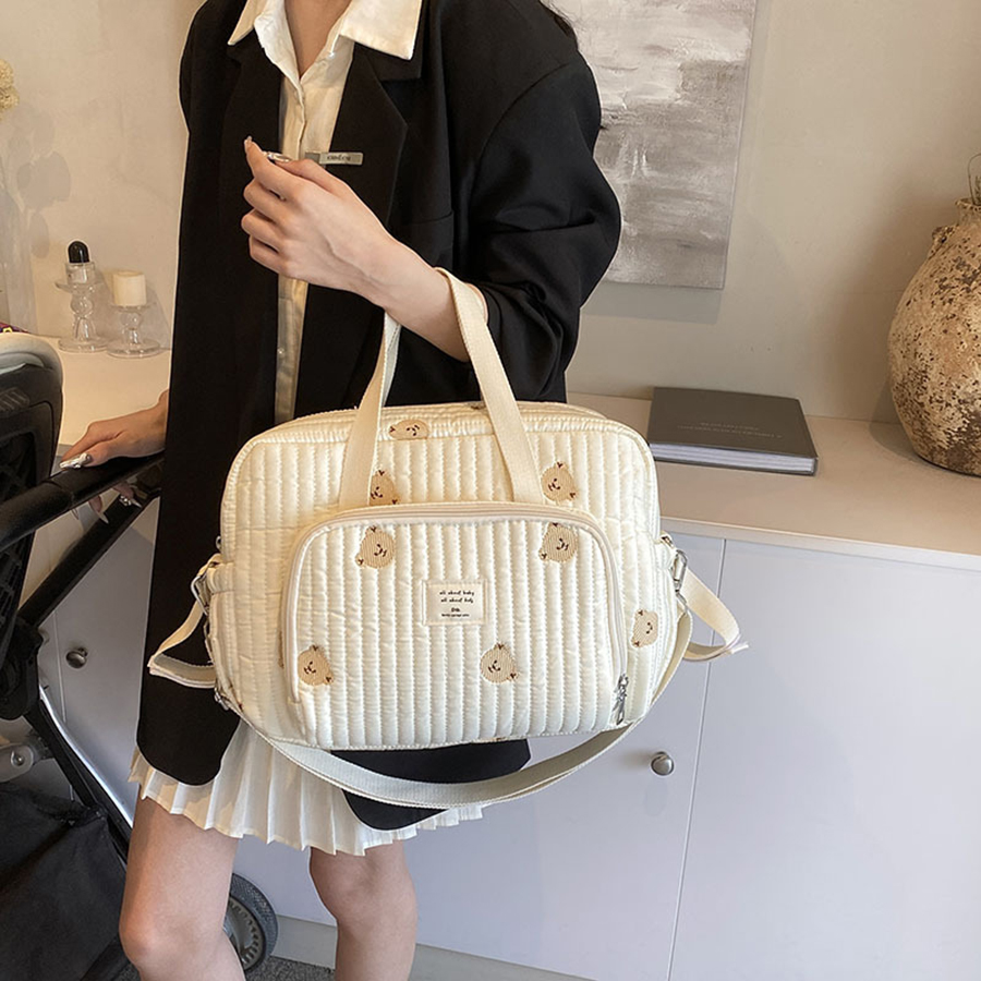 ベビーコットンおむつバッグ,バッグ,ジッパー,クマ,花,刺pattern柄,ベージュ,キュート,新作