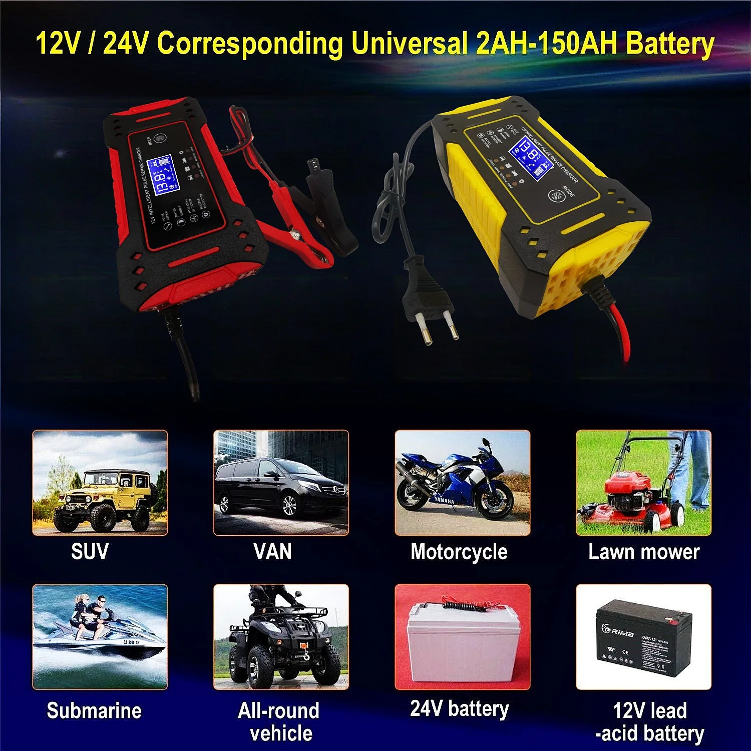Automatyczna ładowarka akumulatorów samochodowych 12V 6A z cyfrowym wyświetlaczem LCD, ładowarka impulsowa 12AH do naprawy akumulatorów kwasowo-ołowiowych mokrych i suchej elektrolity.