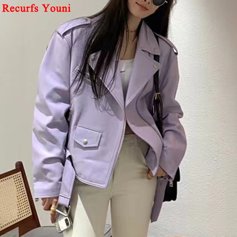 Chaqueta de Cuero genuino para mujer, abrigo de locomotora de tendencia, versátil, cinturón con cremallera de Metal púrpura y blanco