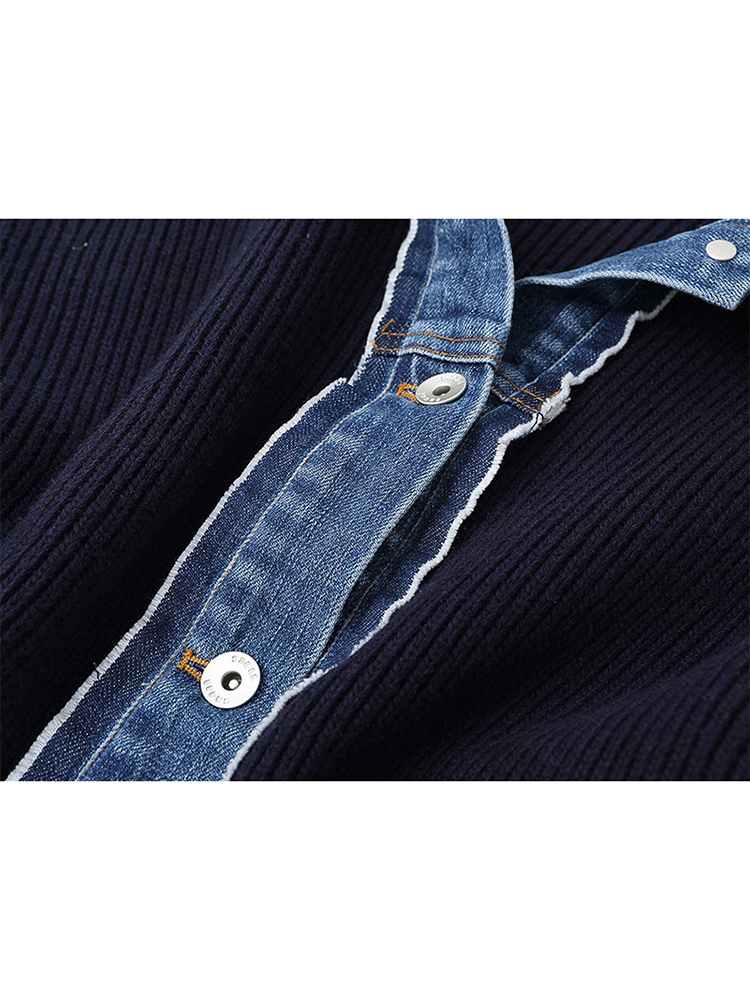 ฤดูใบไม้ร่วงฤดูหนาววินเทจเกาหลีแฟชั่นผู้หญิง DENIM Patchwork เสื้อสเวตเตอร์ถัก Single-breasted เสื้อกันหนาว Lapel เสื้อถัก Chic Aesthetic Stylish
