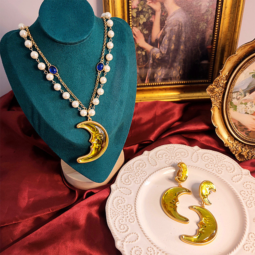 Vintage temperamento lua brincos de vidro colar para feminino menina presente festa gargantilha jóias atacado