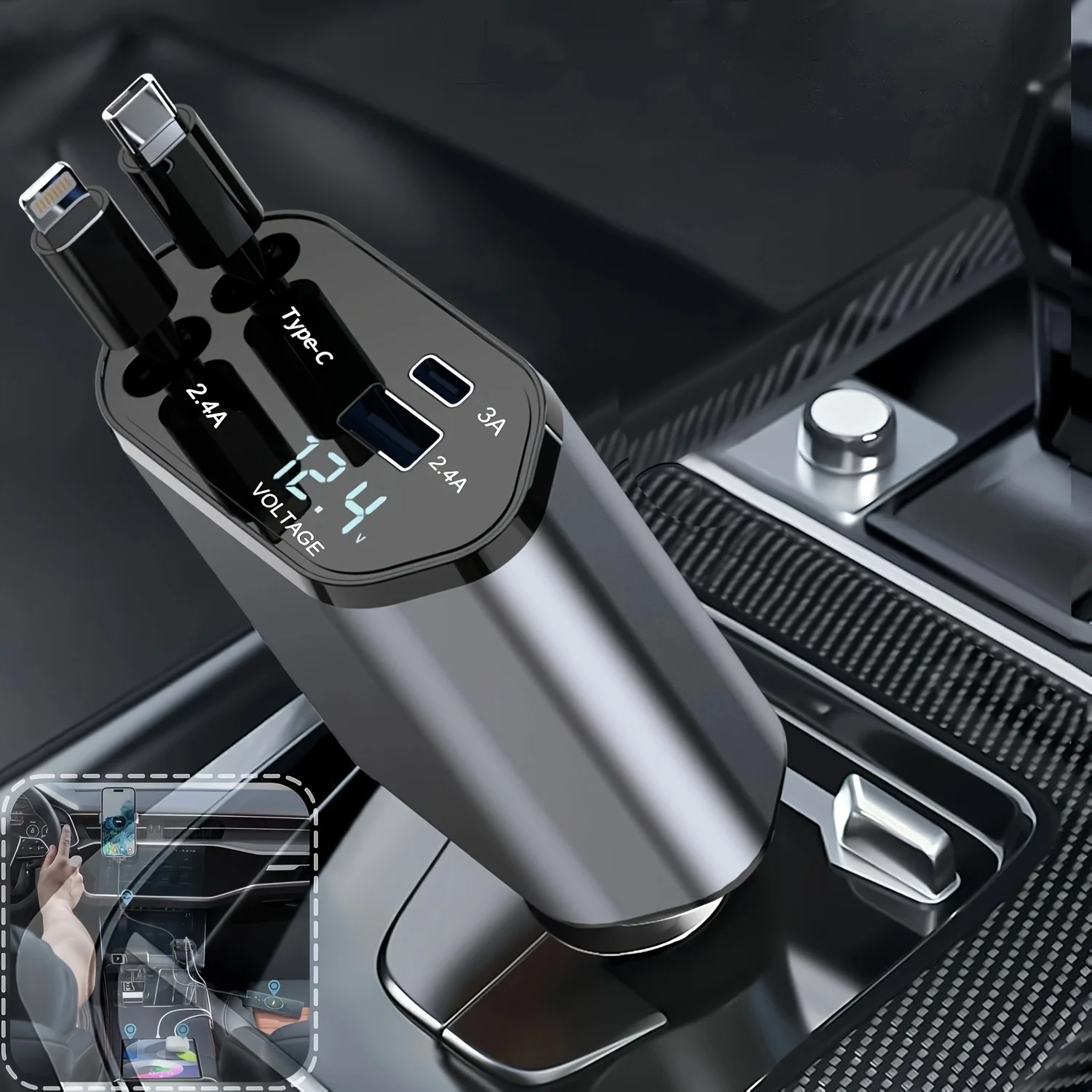 120W Retractable Car Charger 4 in 1 USB C Fast Charging Car Cigarette Lighter Charger Adapter for iPhone Xiaomi Huawei Samsung