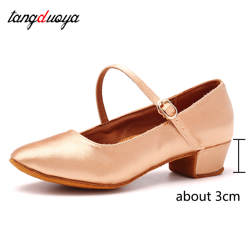 Salsa sapatos de dança mulher salto baixo 3cm seda sola macia menina sapatos de dança moderna mulheres praticar dedo do pé fechado crianças sapatos de dança