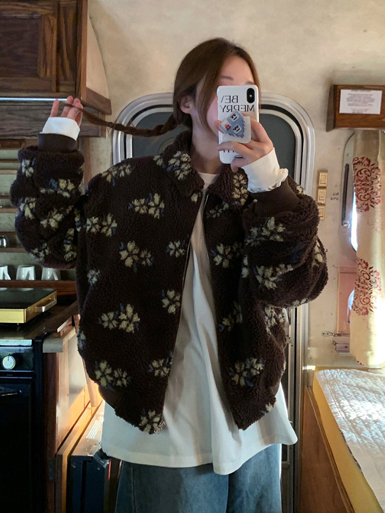 シックなヴィンテージ花柄刺繍ルーズフィットジッパー長袖ラムファーコットンジャケット女性の上着韓国スタイル通勤